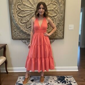 Maeve/Anthropologie Coral Tiered Midi  Sz6 Sleeveless V-Neck Smocked Waist‎ Boho